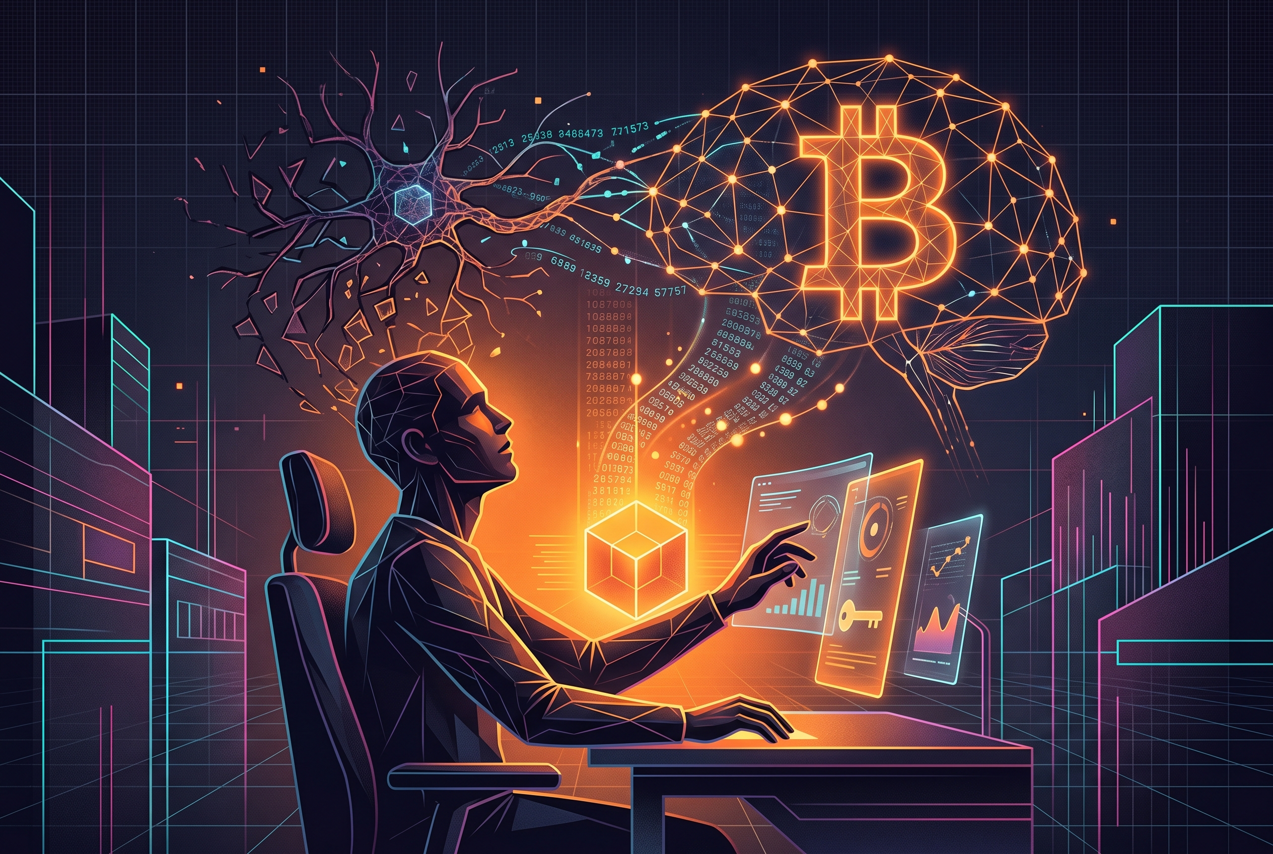 Synthwave cypherpunk Bitcoin sovereignty cover for The Psychology of Ownership: How Transitioning to Bitcoin Self-Custody Rewires Your Financial Intelligence